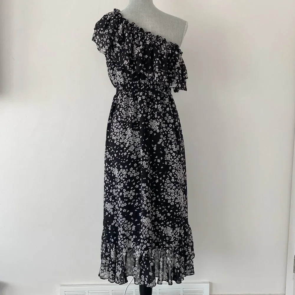 Lulus Floral Black White Ruffled Flounce Midi Dress sz M Sheer Romantic Girly - Picture 5 of 15